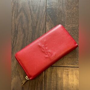 Yves Saint Laurent YSL Red Leather Zip Around Long Wallet